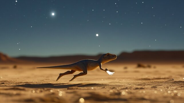 Tiny yet agile Mononykus darting across moonlit desert single claw gleaming under pale glow vast prehistoric landscape stretches endlessly behind it illuminated by the soft shimmer of distant stars