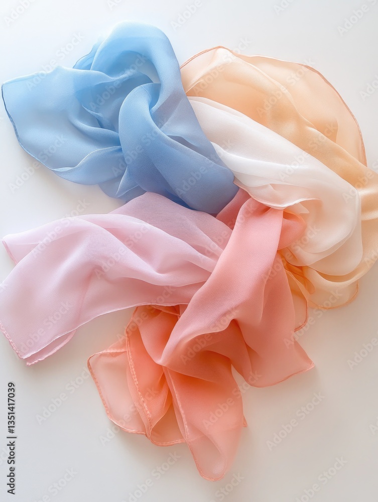 Poster a collection of colorful silk fabrics arranged on a white surface, perfect for textile design or fas