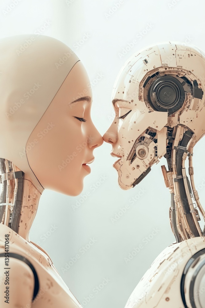 Aufkleber a human-like figure and a robot share an intimate moment, emphasizing the connection between humans 