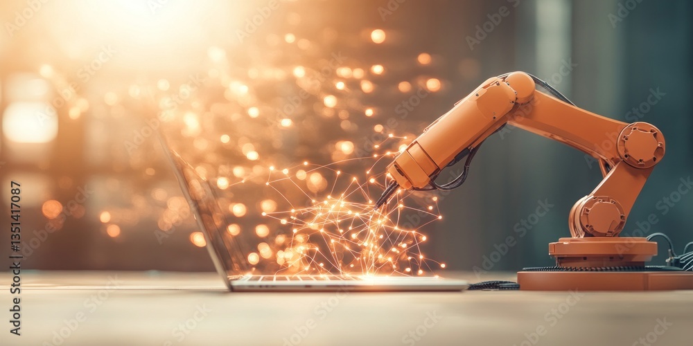 Poster a robotic arm interacts with a laptop, creating a dynamic fusion of technology and creativity in a c