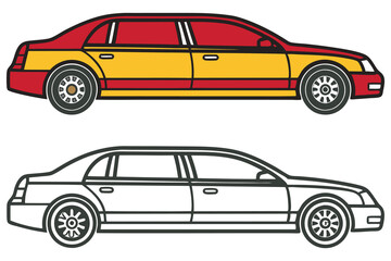 Illustration of a Red and Yellow Limousine and its Outline Drawing