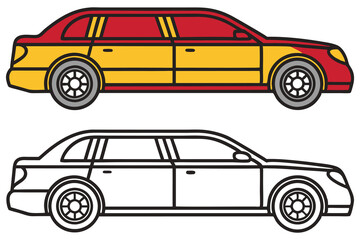 Two illustrations of a limousine one colored red and yellow the other a black and white outline