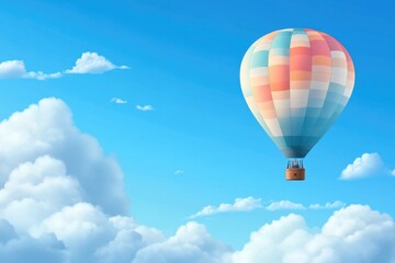 Naklejka premium vibrant illustration of multicolored hot air balloon floating through serene blue sky with fluffy white clouds incorporating