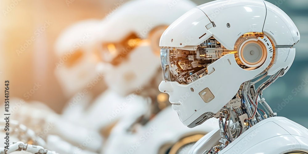 Poster sophisticated humanoid robots showcase seamless integration of technology in a modern workspace, ref