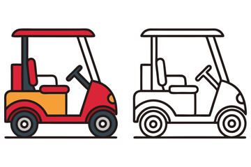 Red and White Golf Cart Illustrations Two Views of a Golf Cart One Colored and One Outline