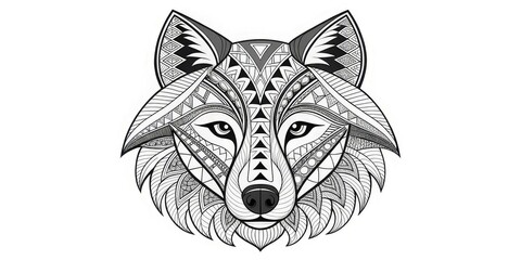 Fototapeta premium Monochrome illustration of a wolf head decorated with intricate geometric, tribal, and zentangle patterns. Use for tattoo blogs, design projects, and apparel art.