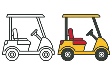 Golf Cart Illustration Black and White Line Art and Yellow Colored Version
