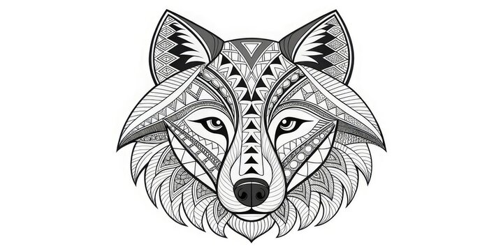 Monochrome illustration of a wolf head decorated with intricate geometric, tribal, and zentangle patterns. Use for tattoo blogs, design projects, and apparel art.