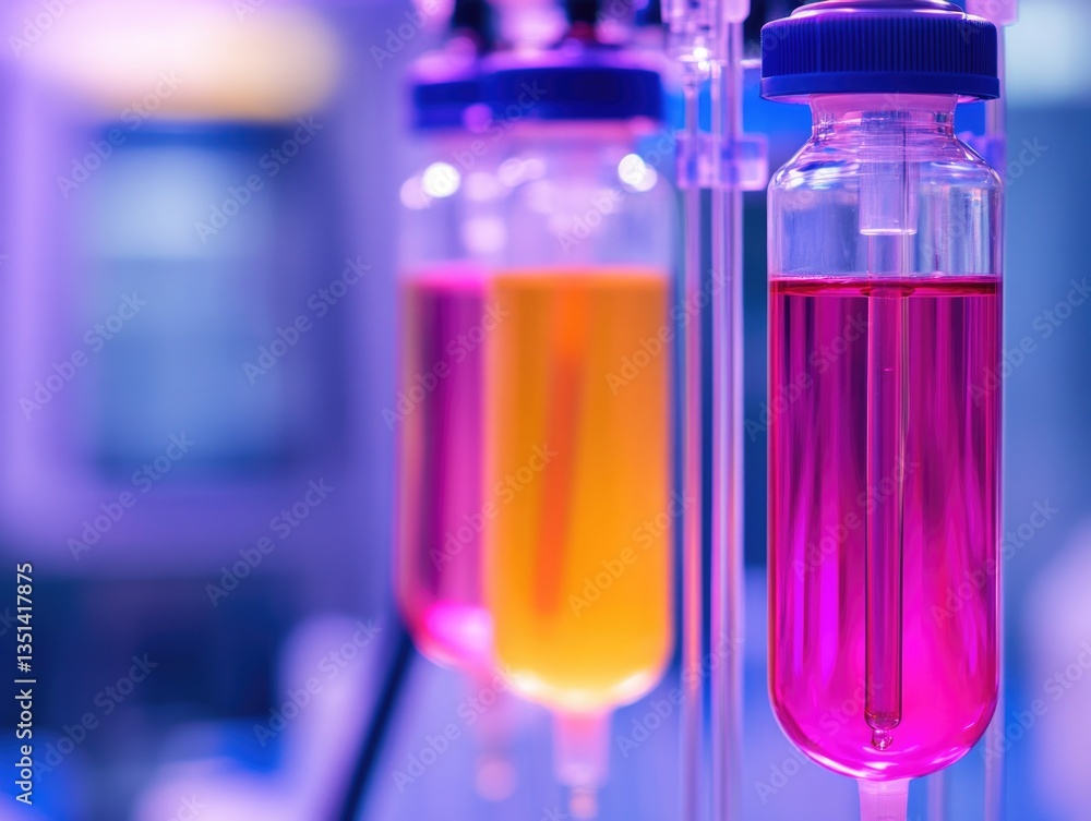 Poster close-up view of two vials filled with clear liquid, side by side on a surface