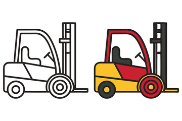 Forklift Outline and Colored Illustration for Kids Coloring Book Warehouse Equipment