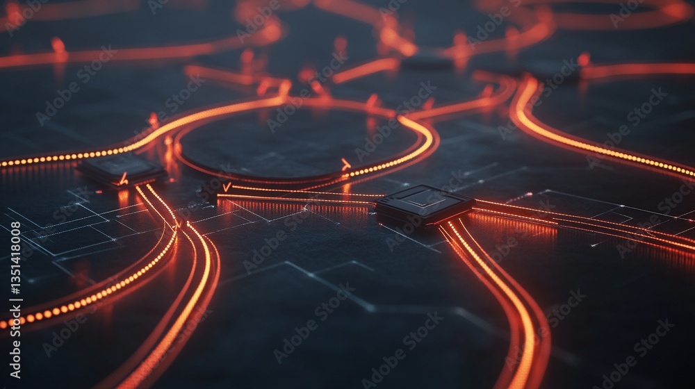 Poster abstract digital network with glowing orange pathways connecting microchips