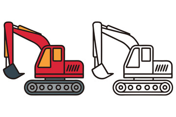 Red and White Excavator Illustration Coloring Page for Kids