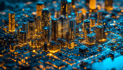 Aerial view of a glowing cityscape with warm light accents and blue details, resembling circuits and technology
