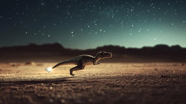 Tiny yet agile Mononykus darting across moonlit desert single claw gleaming under pale glow vast prehistoric landscape stretches endlessly behind it illuminated by the soft shimmer of distant stars