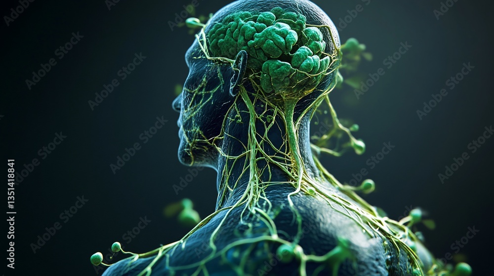 Poster human anatomy representation with brain and nerve network on dark background