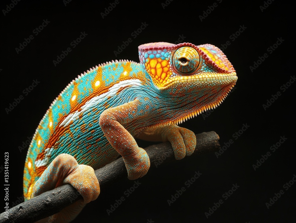 Poster a close-up shot of a chameleon perched on a branch, highlighting its vibrant colors and intricate de