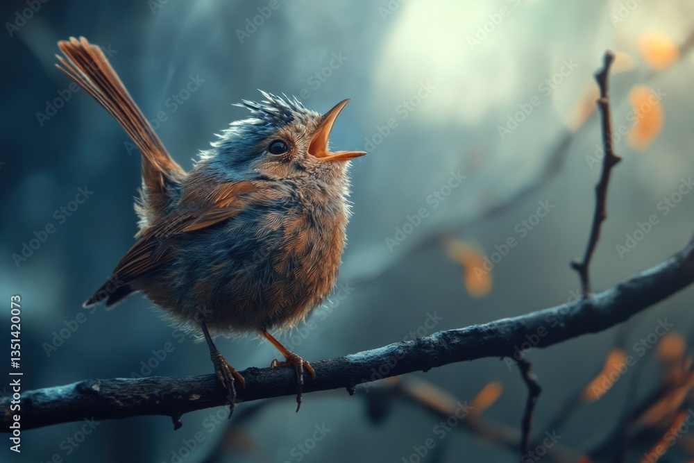 Poster A small bird perched on the edge of a tree branch, ready to take flight