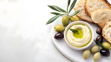 A platter featuring hummus drizzled with olive oil, assorted olives, and slices of toasted bread. Concept Mediterranean Platter, Hummus Delight, Olive Variety, Toasted Bread Slices