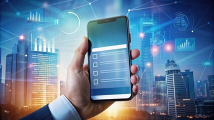 digital payment A hand holding a smartphone displays data graphs against a city skyline background.