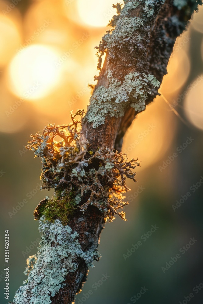 Poster close-up shot of a tree branch covered in lush green moss