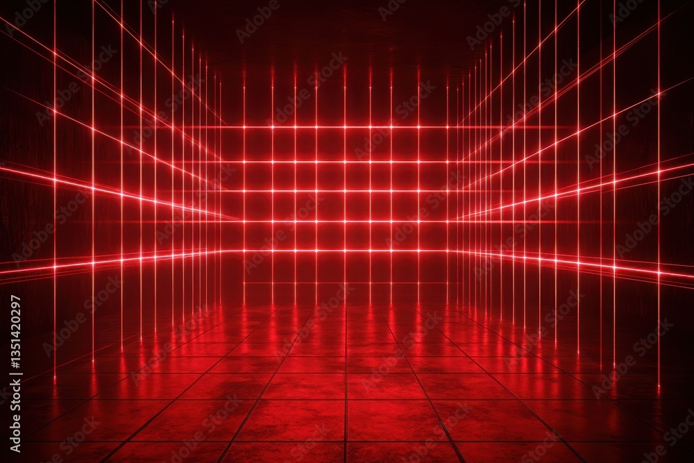 Aufkleber visual representation of a futuristic red grid room with glowing lines and dark atmosphere