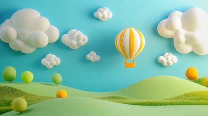 Whimsical Hot Air Balloon Adventure Over Cartoon Landscape: A 3D Rendered Dreamy Scene of Joyful Flight