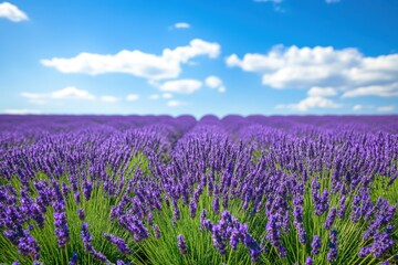 Naklejka premium Expansive lavender fields under a blue sky with fluffy clouds during daylight