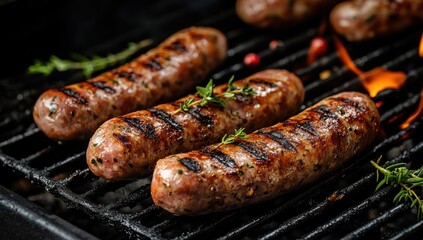 Delicious Grilled Sausages with Herbs Displayed on a Black Grill
