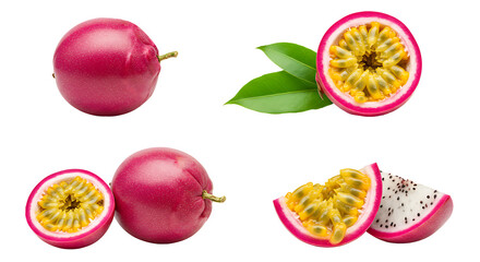 A sequence of fresh Dragon Fruit displayed in four variations a whole Passion Fruit, an Passion Fruit cut in half revealing