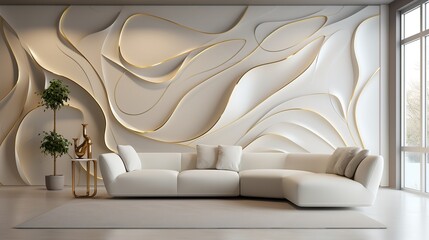 3D abstraction lavish golden and white wallpaper on a modern living room wall, Generative AI.