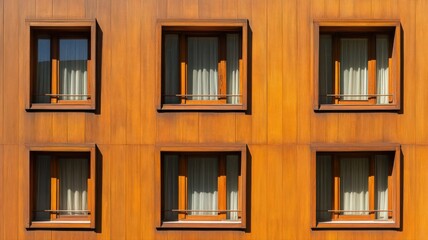 Obraz premium Symmetrical Wooden Wall with Six Square Windows and Sheer Curtains