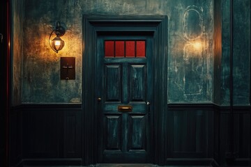 A blue door with a red window in a dark room