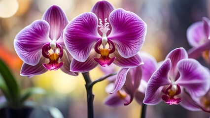 Naklejka premium Close-up vibrant purple phalaenopsis orchids bloom. Their intricate details rich color showcased against a soft, blurred background.