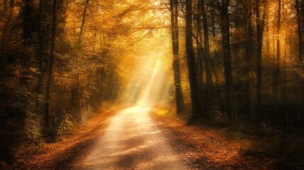 Obraz premium Golden autumn forest path, sunlight rays, tranquil scene, nature background, photo for nature lovers