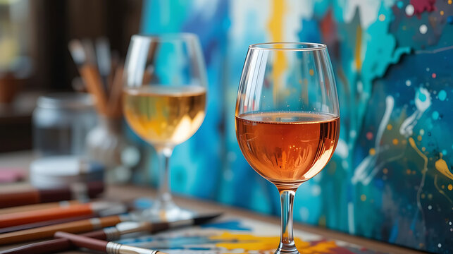 Art and wine night banner with paintbrushes, wine glasses, and creative splashes of color, ready to advertise summer sip and paint deals.