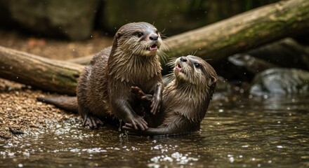 Fototapeta premium Playful Otters Interacting in Water Enjoying Time Together in Nature
