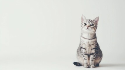 Beautiful American Shorthair cat is sitting on a white background. Looking forward. The cat's eyes are wide open, giving it a curious and alert appearance . Copy space 