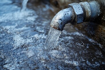 Clear water flows from a metal pipe into a pool outdoors. Use this for concepts like clean water, resources, and nature.
