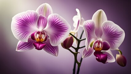 Two vibrant purple white orchids full bloom against a soft purple background.