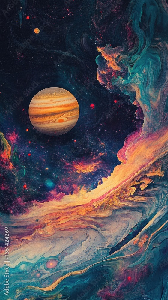 Aufkleber A colorful illustration of a planet orbiting within a galaxy, ideal for use as a decorative element or visual aid