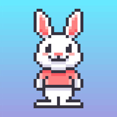 Obraz premium Pixel art illustration of a charming white rabbit, featuring a cheerful smile and casual outfit, brings a touch of retro and vintage vibes.