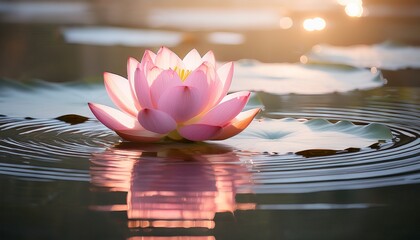 a beautiful pink flower is floating on the surface of a pond the water is calm and serene creating a peaceful atmosphere the flower is the focal point of the image drawing the viewer s attention