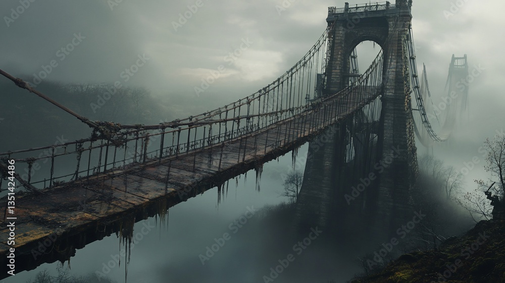 Poster misty suspension bridge in ruins with second bridge in the background disappears into the fog