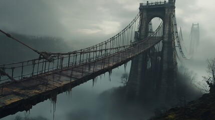 Misty suspension bridge in ruins with second bridge in the background disappears into the fog