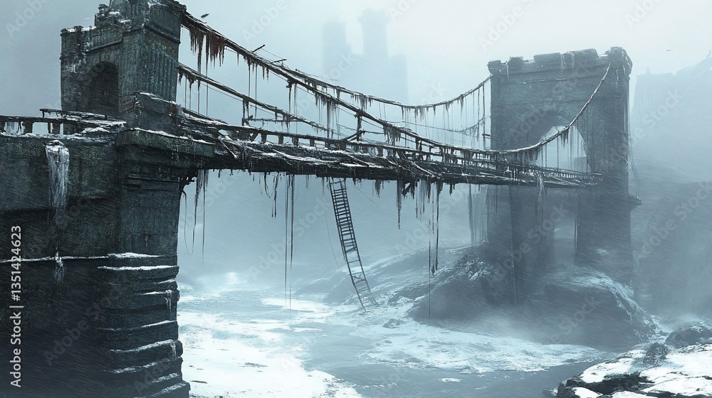 Poster ancient stone bridge with ice hanging from its deteriorated structure in snowy misty weather