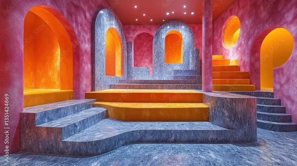 Aufkleber abstract architectural structure with steps and colorful illuminated doorways