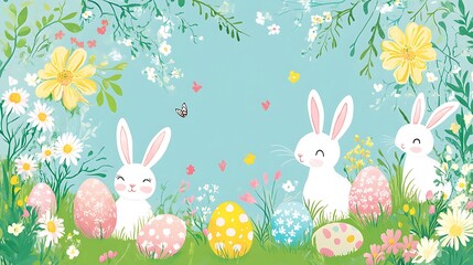 Easter bunnies with flowers, and eggs.