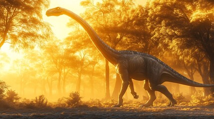 Towering Gondwanatitan walking through an open plain its long neck stretching toward the highest branches of prehistoric trees The golden sunlight bathes the landscape in a warm glow