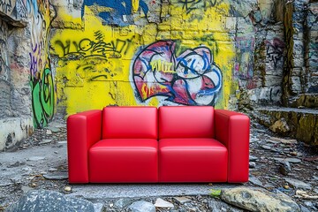 Red sofa in graffiti-covered ruin. Abstract urban decor interior design background