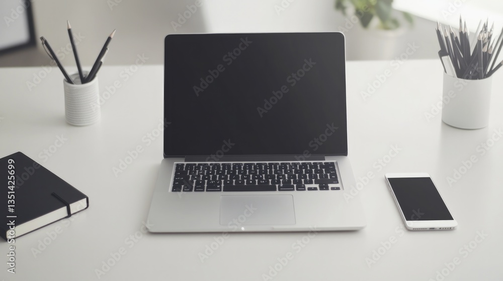 Poster minimal and high-angle view of neatly arranged workspace featuring sleek laptop elegant smartphone a